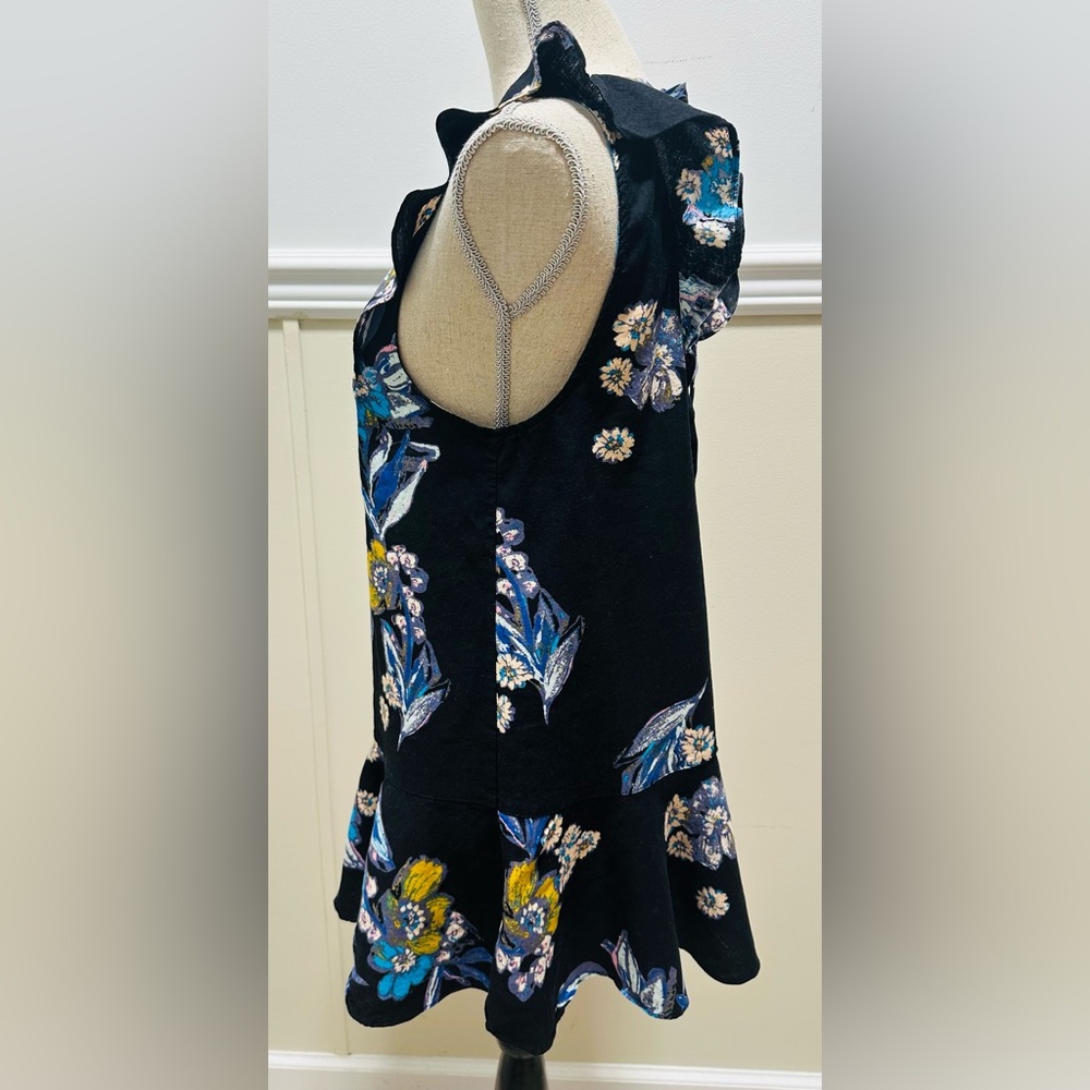 Free People Mini Dress L Black Floral Ruffled Drop Waist Tie Back Cottage Boho - Picture 4 of 10